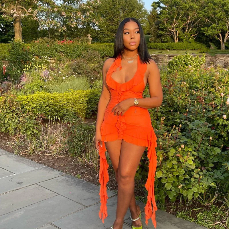 A145ds European and American 2025 Summer New Solid Color Sleeveless Low Collar Wooden Ear Irregular Hip-Wrapped Short Dress - Deanwangkt