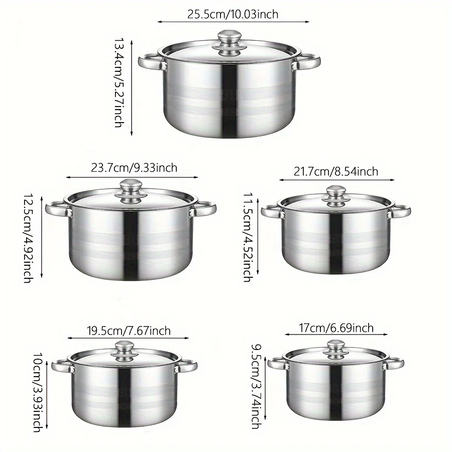 10pcs set of stainless steel pots, specifications are 6.69/7.68/8.54/9.33/10.04inch, stainless steel cooking pot, 5 pots + 5 pot lids, suitable for induction cookers and gas stoves, stainless steel double handle with lid, deep soup pot, suitable for - Deanwangkt