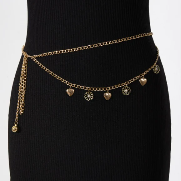 2025  FB3317  waist chain hollow flower alloy peach heart ball pendant side pendulum chain fringed waist chain - Deanwangkt