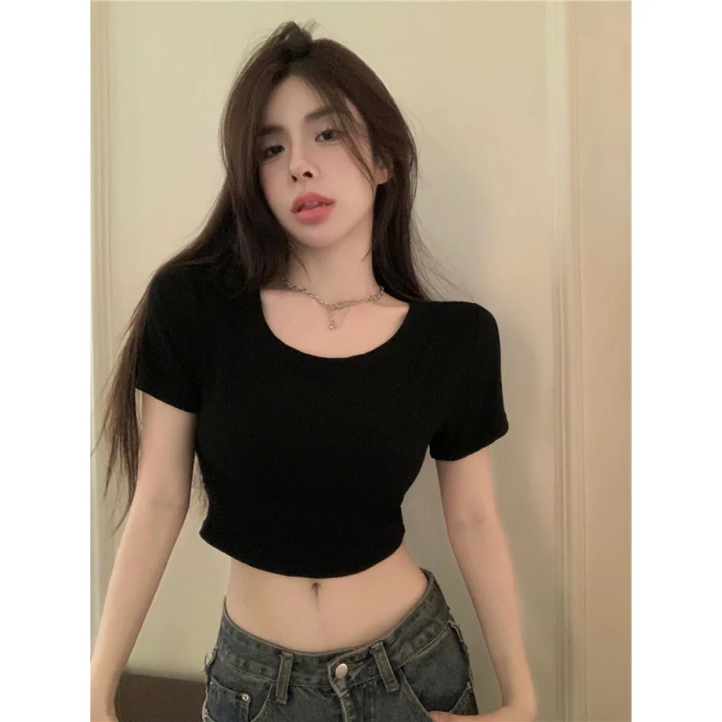 deanwangkt Pure Sweet Hot Girl Sexy Short Hollow Backless Top Women's Design Sense Niche Summer Slim-Fit Short-Sleeved T-shirt - Deanwangkt
