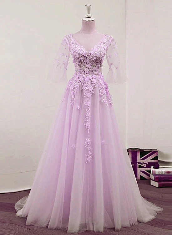 Solvbao Light Purple Tulle V-neckline Lace Applique New Prom Dress , Lavender Party Dress - Deanwangkt