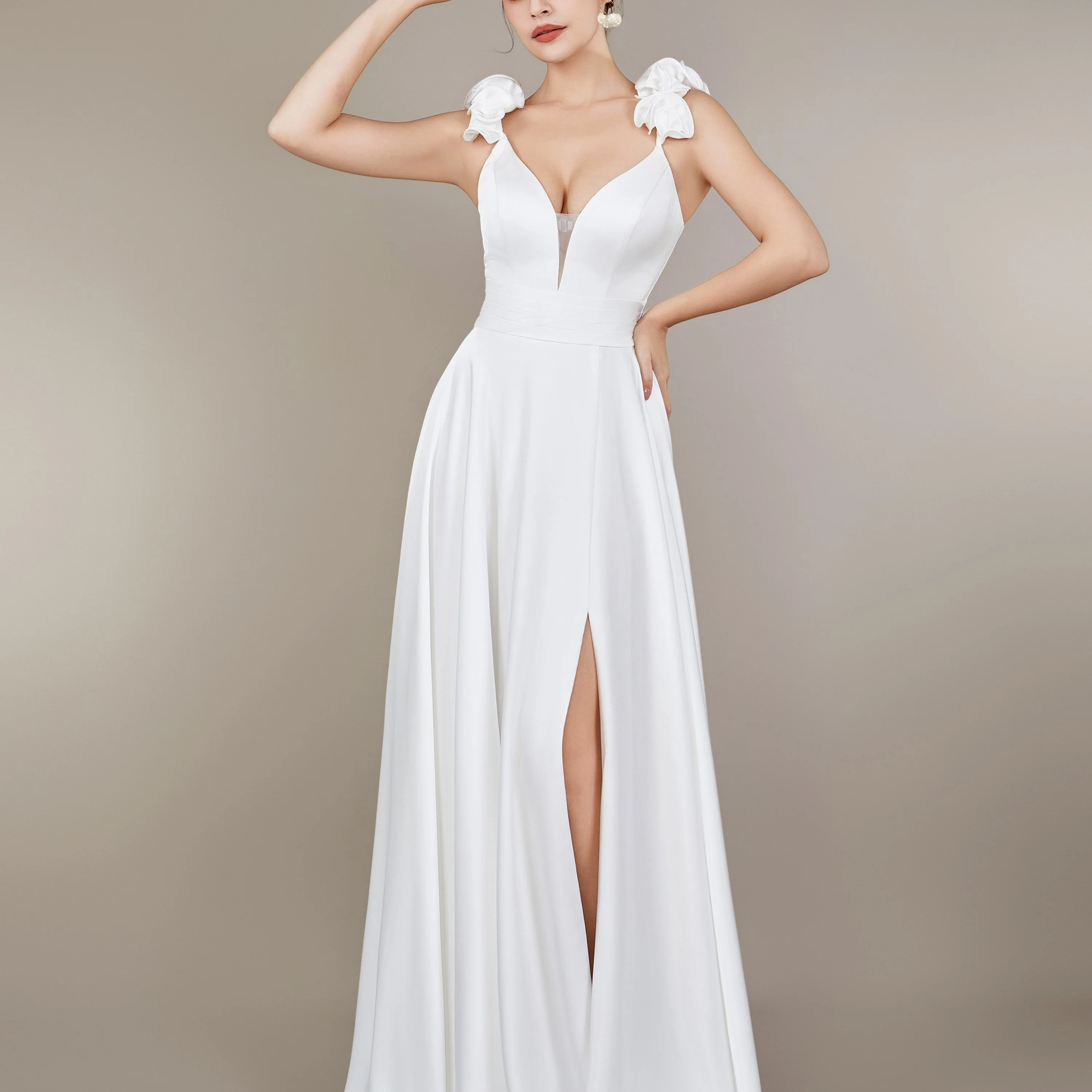 Vibrant Floral Cami Wedding Dress - Daring Split Thigh, Crisscross Backless, Flattering V-neck, Sweep Train - Exquisite Womens Formal Wear for Elegant Wedding Occasions - Deanwangkt
