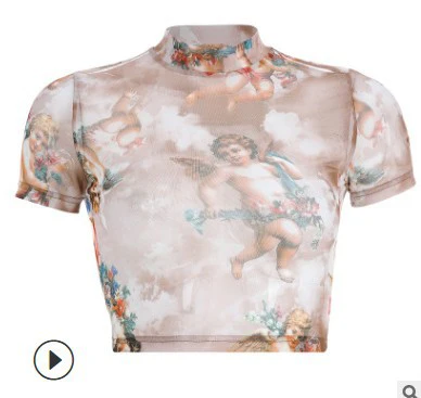 DEANWANGKT  Hot Sale 2022 Spring European and American Ins New Women's Sexy Angel Print Mesh Short Sleeve T-shirt Female in Stock - Deanwangkt