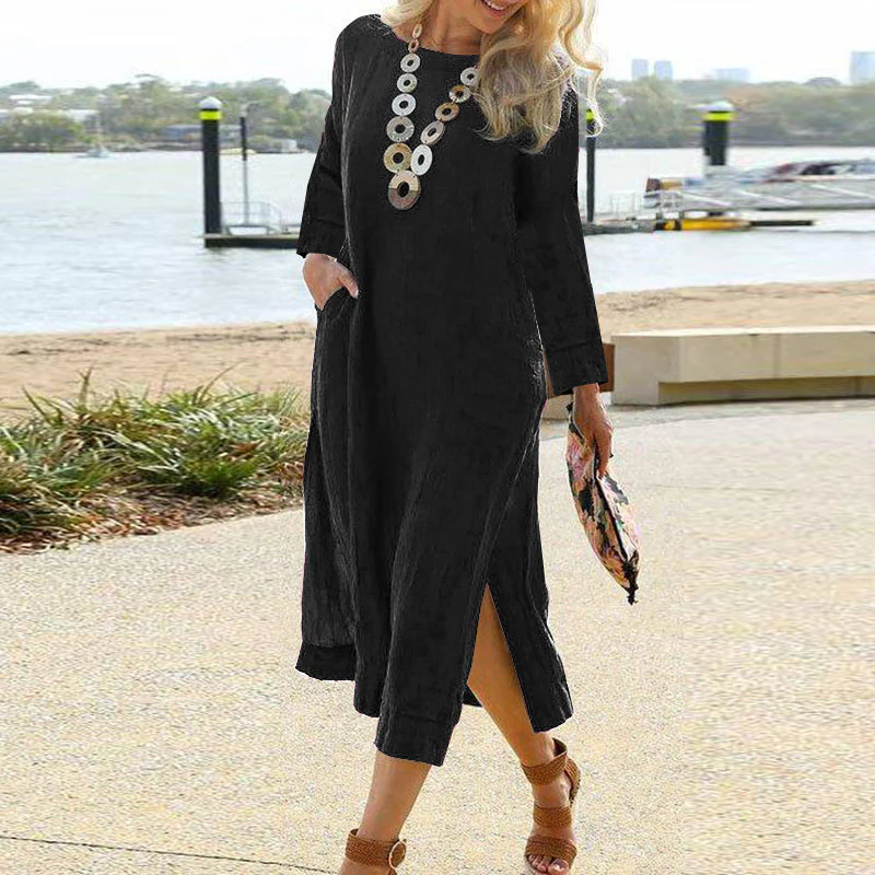 DEANWANGKT EBay  European and American Leisure Retro Long Shirt Dress Long Sleeve Slit Hemline at Hem Maxi Dress - Deanwangkt
