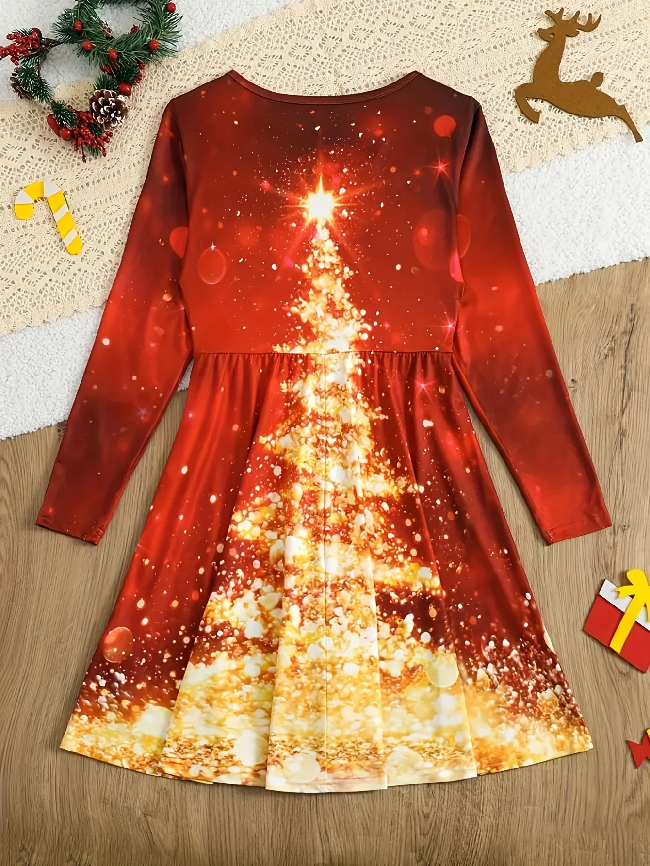 Girls' Christmas Tree Print Dress, Polyester, Cute Style, Stretch Fabric, Geometric Pattern, Regular Fit, Knit, for Baby Girls, Holiday Gift, Autumn/Winter Season - Deanwangkt