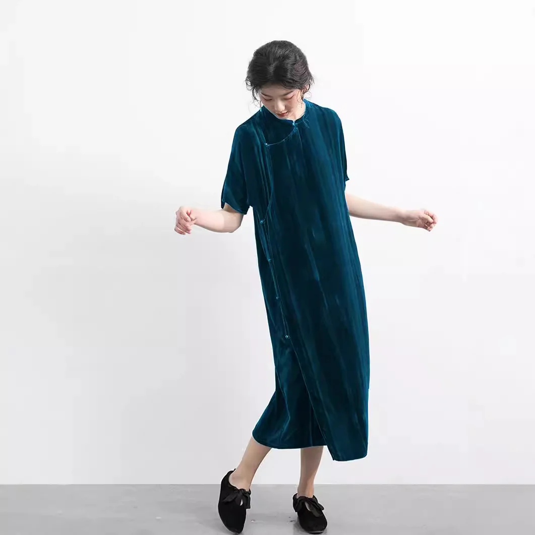 New Chinese-style improved cheongsam, dress spring women's high-end, blue-green thin skirt, short-sleeved long skirt A1233 - Deanwangkt