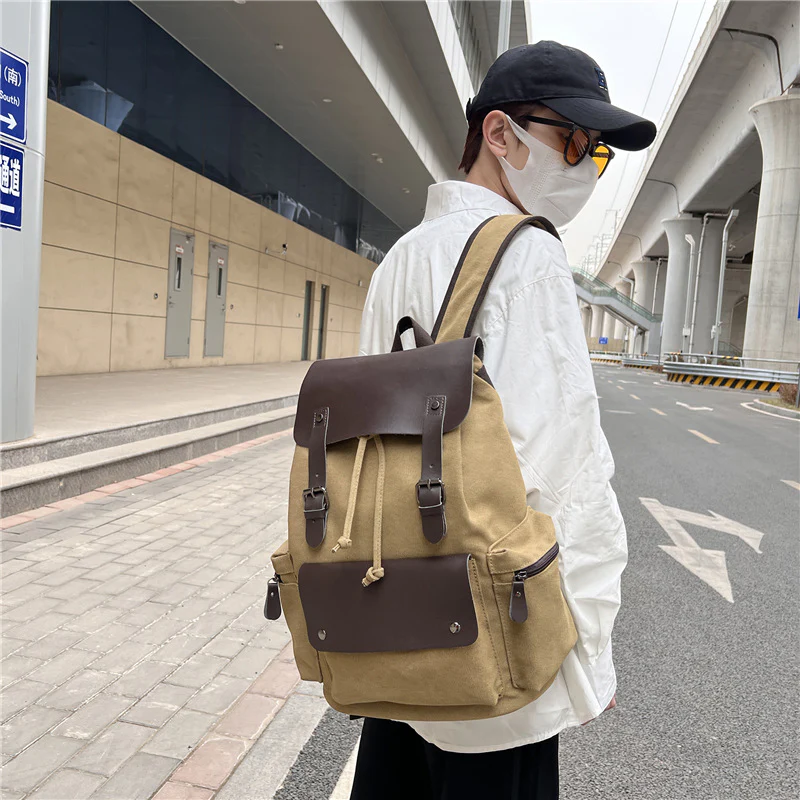 Canvas Backpack Computer Bag Personalized Fashion Travel Drawstring Backpack Flip Backpack Retro Backpack for Men - Deanwangkt