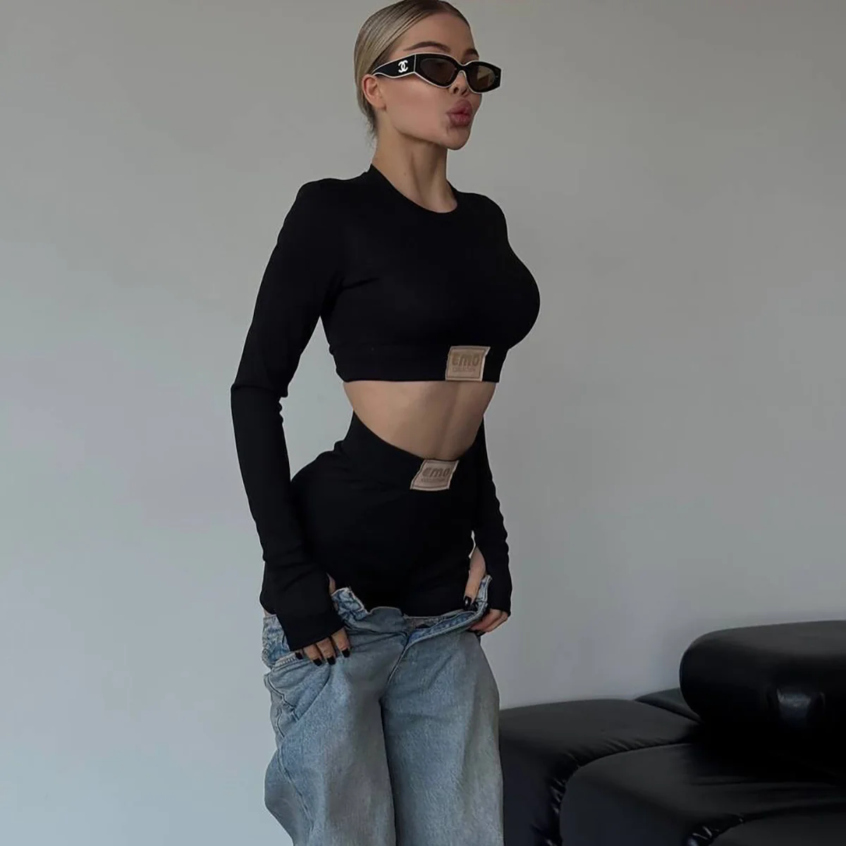 n sports style tight threaded pants set fitness round neck short open button long sleeve top hip cover hip shorts - Deanwangkt