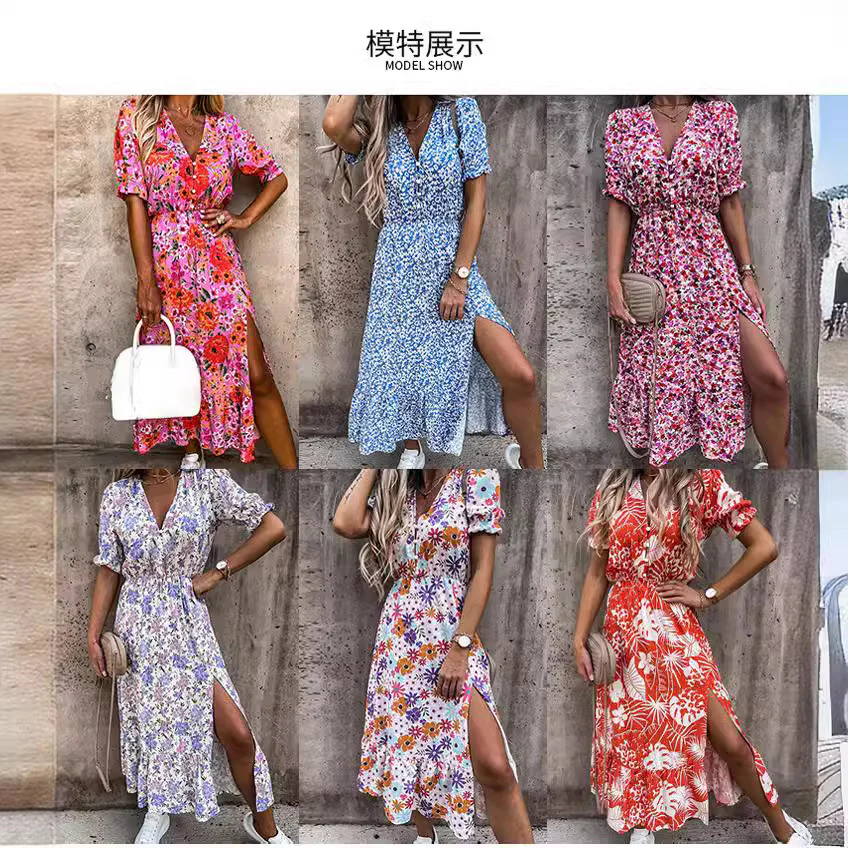 DEANWAQNGKT  Cross-Border  Fashion Printed Deep V-neck Short Sleeve Street Style Tight Waist Split Dress Women - Deanwangkt