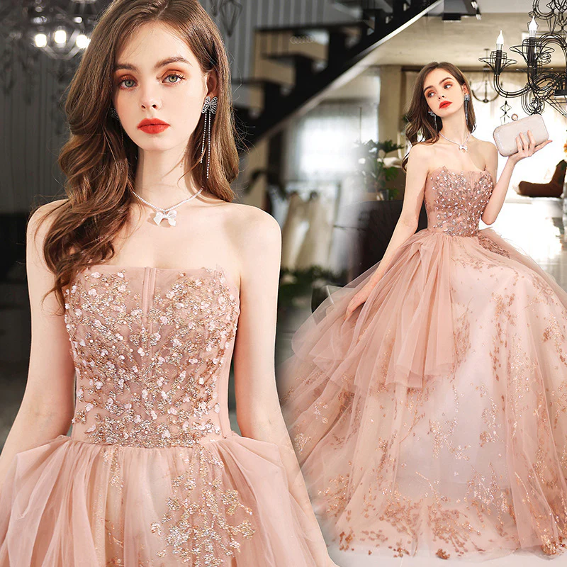 2025 One-word shoulder evening dress 2025 new Popular atmosphere pink performance birthday party host wedding dress female - Deanwangkt