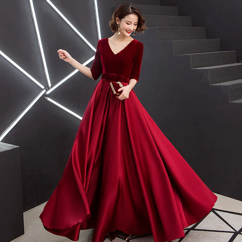 Solvbao Elegant V-neckline Velvet Top Long Bridesmaid Dresses, A-line Short Sleeves Prom Dresses - Deanwangkt