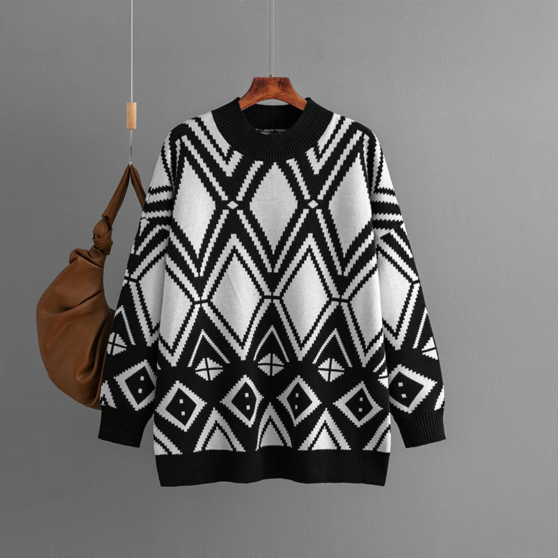 DEANWANGKT Cross-border women's clothing  autumn and winter new geometric jacquard crew-neck sweater loose medium and long knitted top women - Deanwangkt