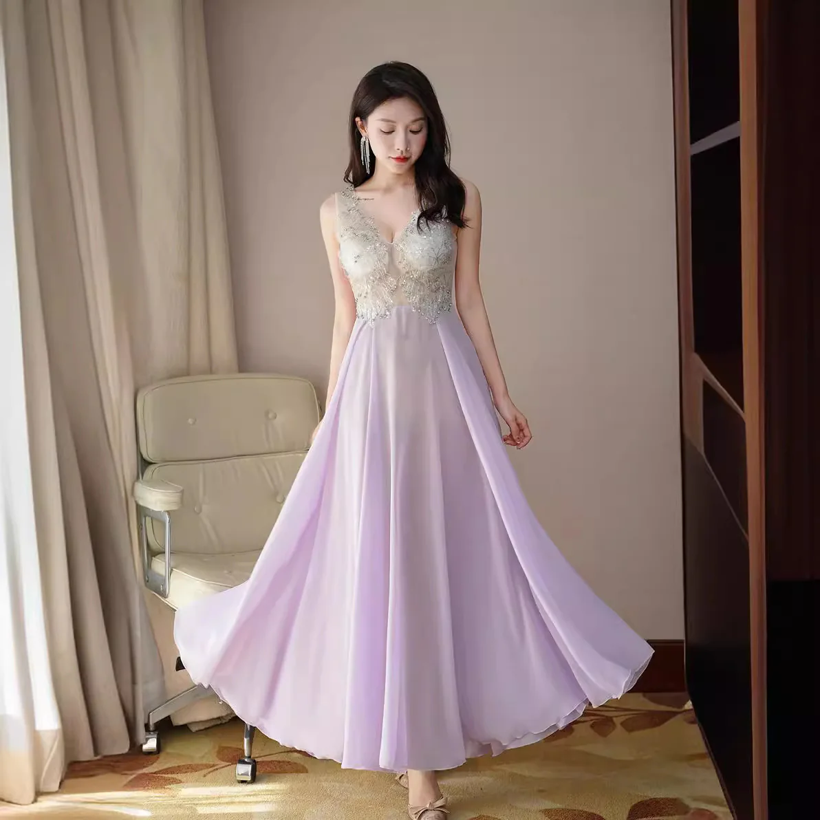 2025 Hot-selling sexy nightclub perspective mesh A pendulum chiffon fairy pure lace diamond sequins KTV bath dress - Deanwangkt
