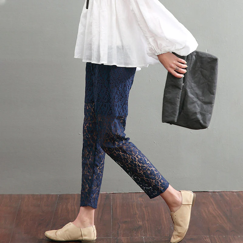 2025 hollow lace leggings women's wear spring thin, cotton and linen casual nine-point pants women's pants - Deanwangkt