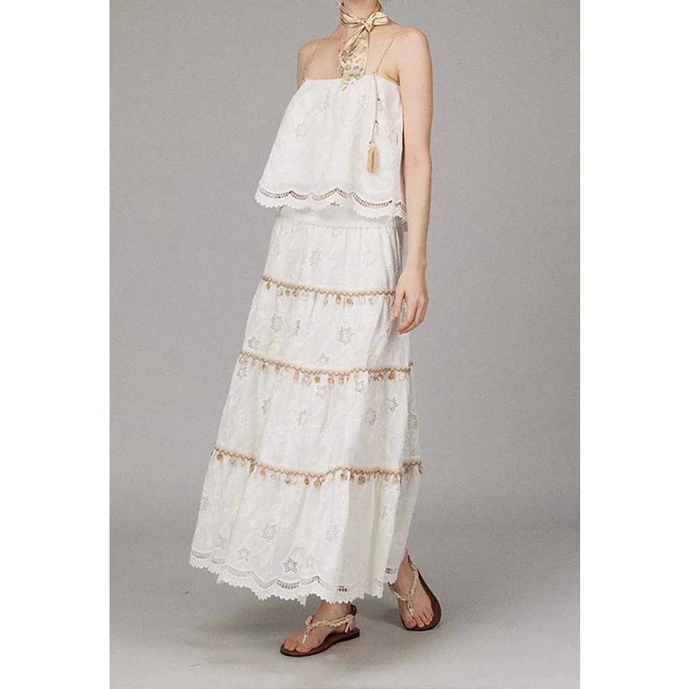 Siyuan Bohemian Heavy Industry fringed rope embroidered skirt women's 25 spring and summer vacation wind white dress 7839 - Deanwangkt