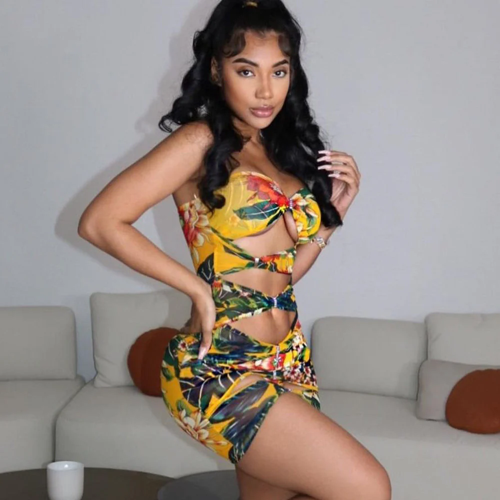 2025 K23DS097  New women's clothing summer new sexy printing sleeveless slim-fitting hollow tube top short dress - Deanwangkt