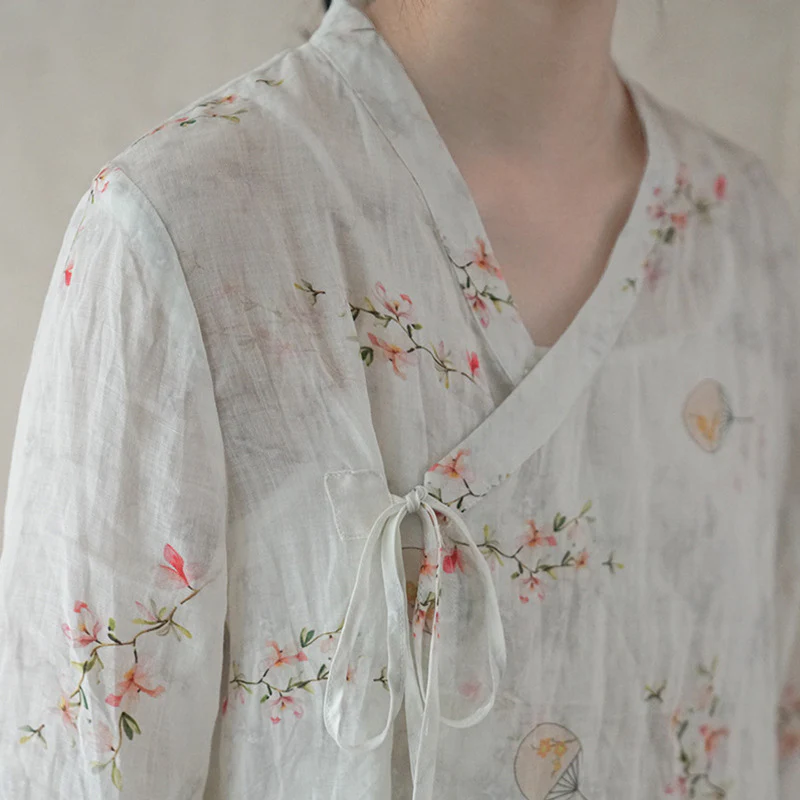 Chinese ramie printed Zen lace-up top, retro Chinese pastoral high-waisted shirt S21040-1 - Deanwangkt