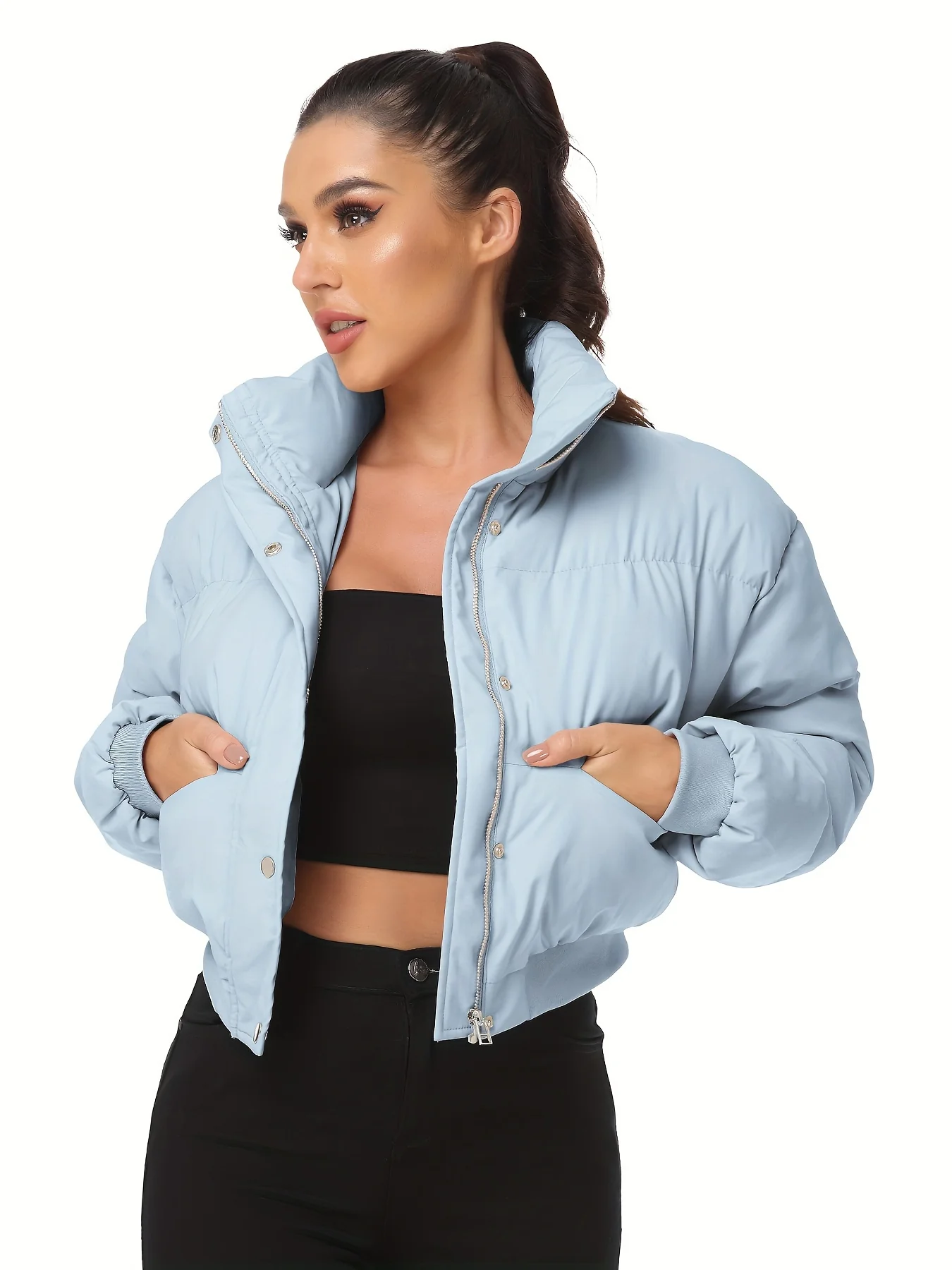 Button Front Cropped Puffer Coat, Casual Stand Collar Long Sleeve Warm Winter Outerwear, Women's Clothing - Deanwangkt