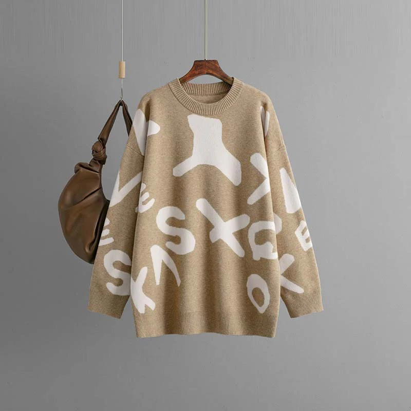 DEANWANGKT Cross-border Russia New autumn and winter new knitted sweater women's medium and long jacquard loose bottoming shirt top - Deanwangkt