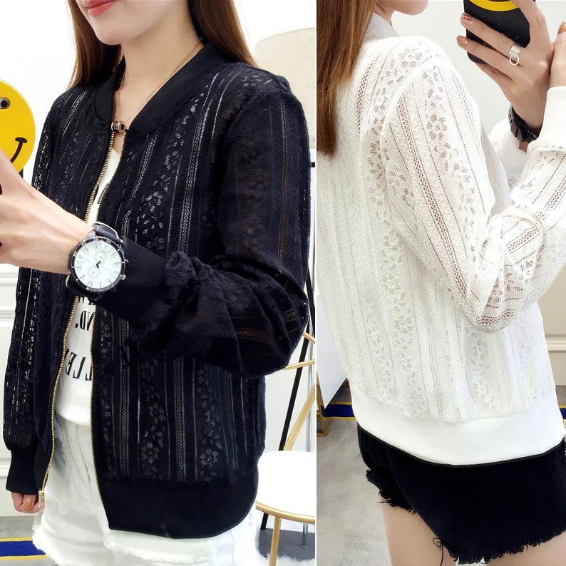 DEANWANGKT  New  Summer Long-Sleeve Lace Shirt Beach Sun Protection Clothing Women's Hollow-out Short Slim-Fit Zipper Baseball Uniform Jacket - Deanwangkt