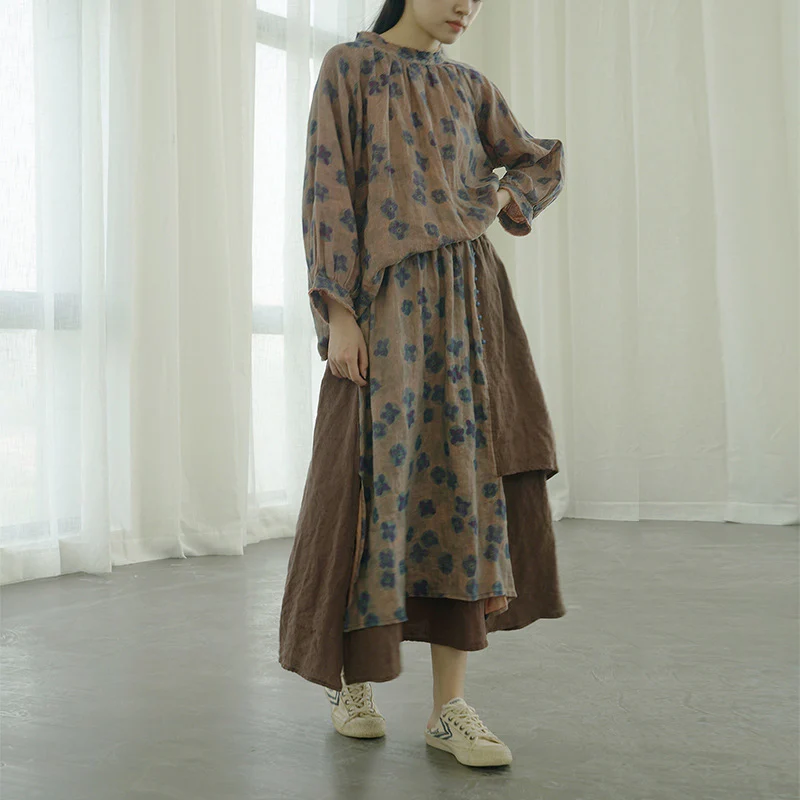retro nostalgic blue-dye printed irregular long dress, autumn and winter national tide personalized linen skirt B22280 - Deanwangkt