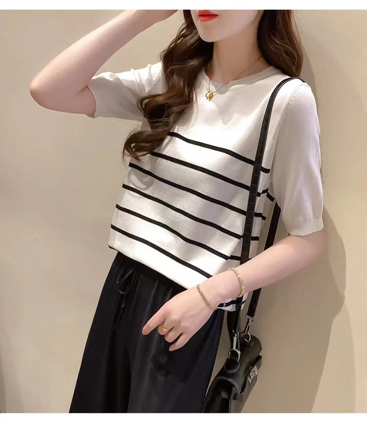 DEANWANGKT  Ice Silk Sweater Women's Short-Sleeved Summer New Korean Style Loose Thin T-shirt Black and White Striped round Neck Top - Deanwangkt