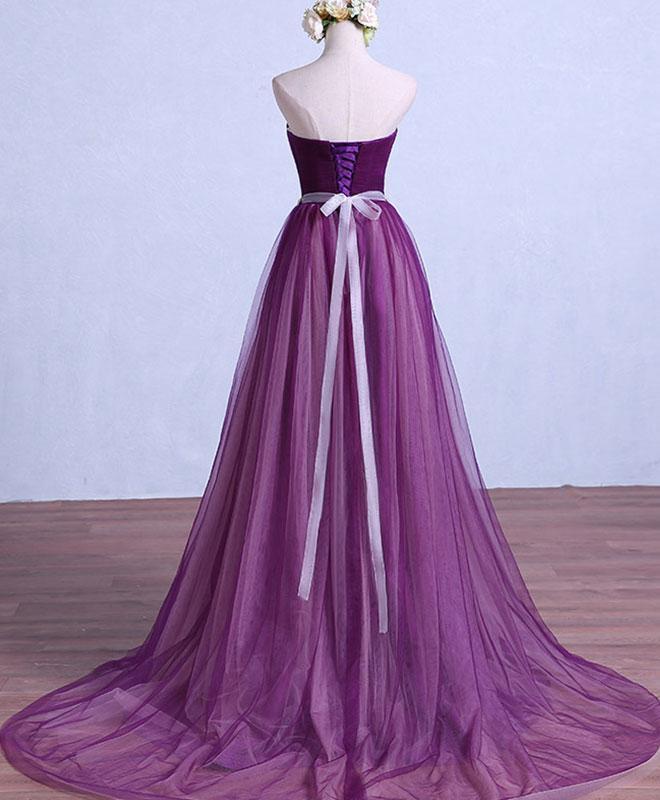 Solvbao Purple Tulle Sweetheart Long Wedding Party Dress with Belt, Purple Prom Dress Bridesmaid Dress - Deanwangkt