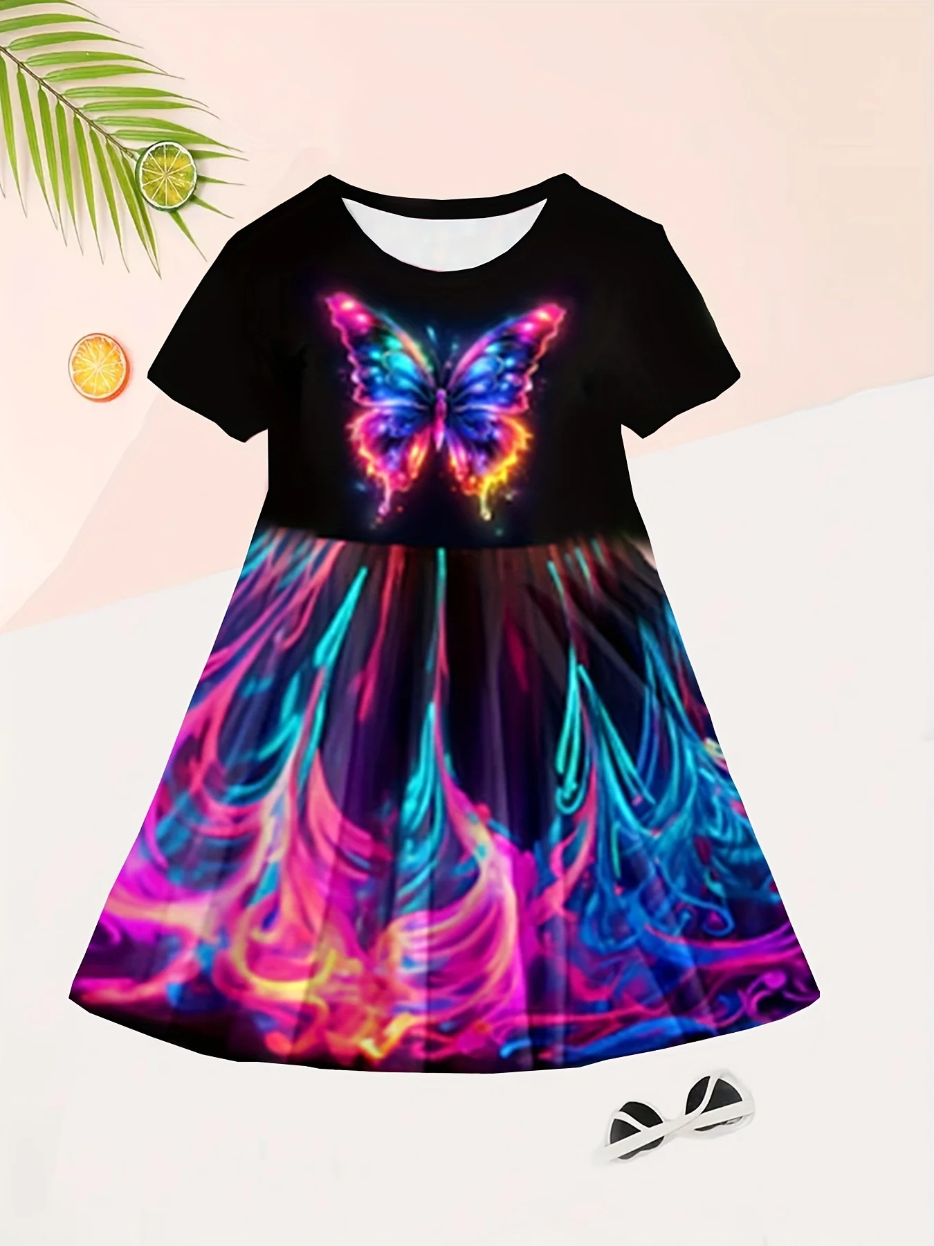 Enchanting 3D Butterfly Adorned Girls' Dress - Soft Cotton Crew Neck, Short Sleeve Design, Ideal for Summer Parties and Everyday Elegance - Deanwangkt