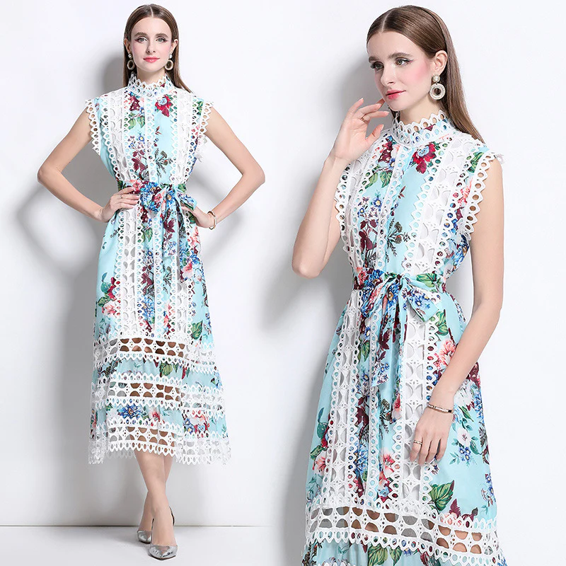 retro niche temperament court hollow lace A-shaped skirt women's clothing summer stand-up collar waist and thin dress - Deanwangkt