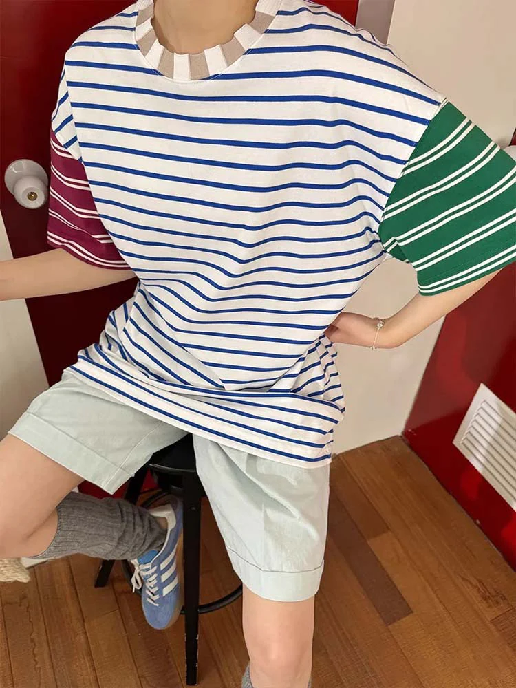Siyuan 25 Spring and Summer Designer Loose Cotton Striped Knitted Collar Color Matching Short Sleeve + Long Sleeve T-Shirt 8965 + 896 - Deanwangkt
