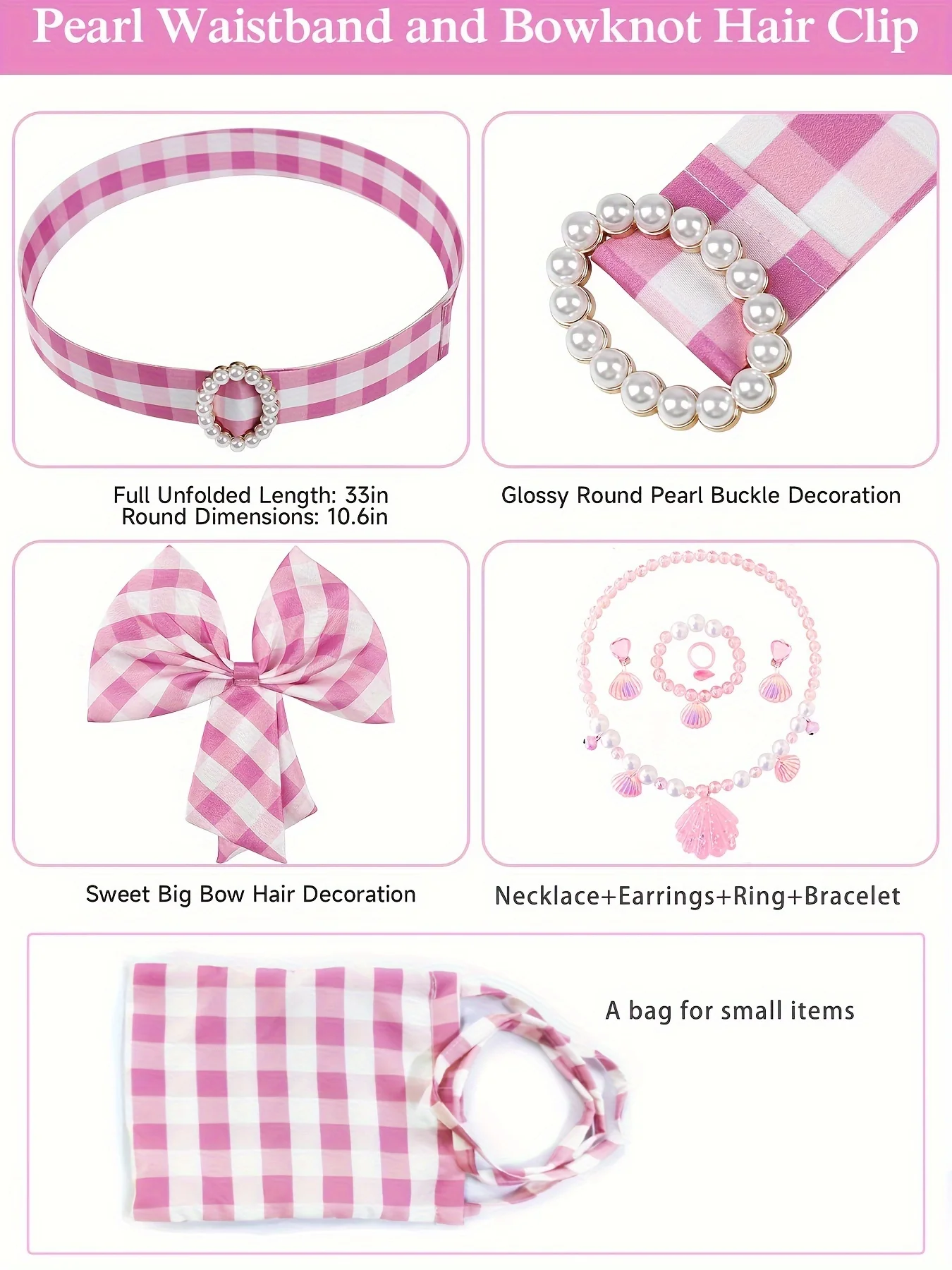 Knee-High Pink Plaid Girls Dress with Belt, Headwear, Backpack, and Jewelry - Cute Slingback Design, Non-Stretch Polyester Fabric, Flared Hem, Woven, Spring/Summer Wear - Deanwangkt