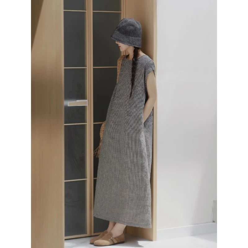 summer dyed cotton and linen plaid linen long dress paper person elegant literary retro dress women - Deanwangkt