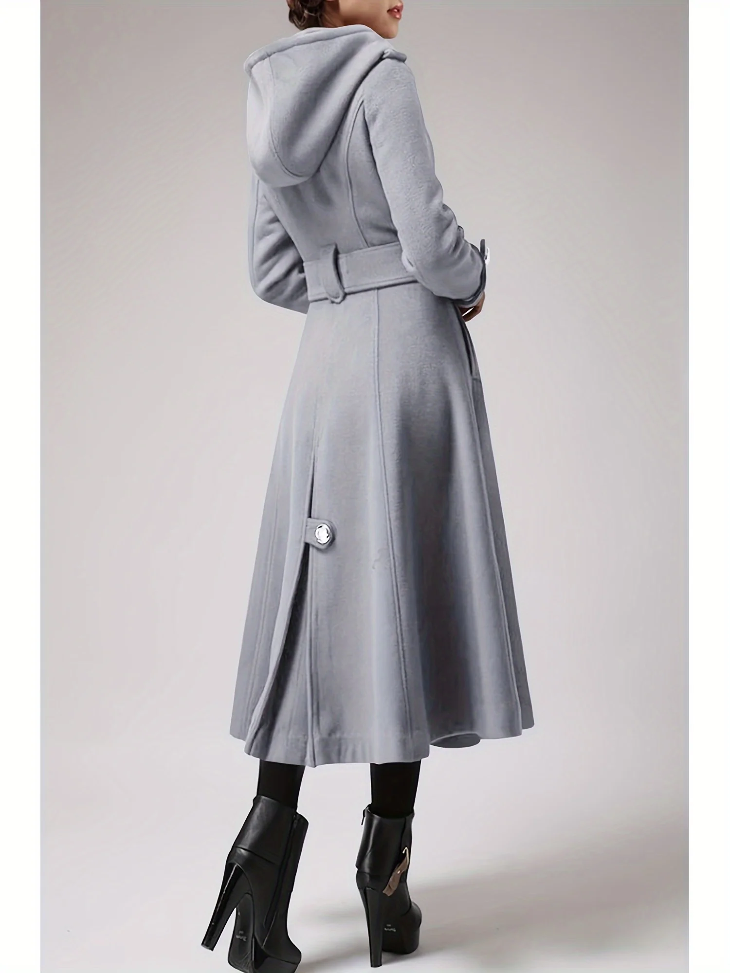 Womens Long Double-Breasted Hooded Coat Warm Woolen Coat With Belts - Deanwangkt