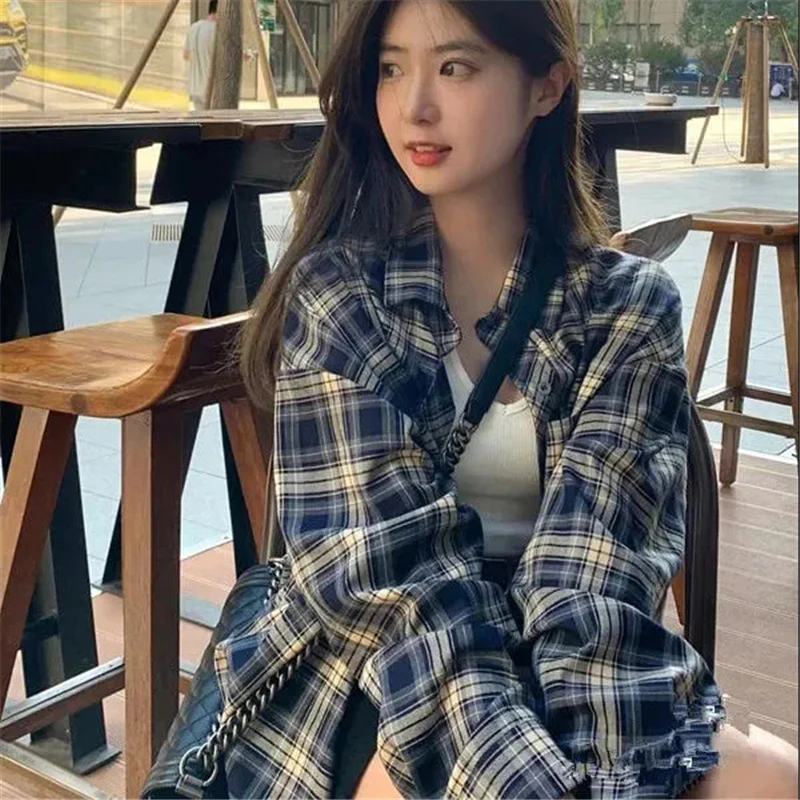 DEANWANGKT  Plaid Shirt Women's Spring and Summer Power Wear Wear Idle Style Design Sense Loose Shirt Long Sleeve Tup Cardigan Coat - Deanwangkt