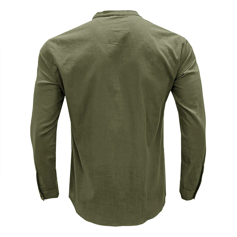 DEANWANGKT 2025 men's clothing  autumn and winter cotton and linen shirts, Popular trade long-sleeved Henry collar tops, loose men's linen shirts - Deanwangkt