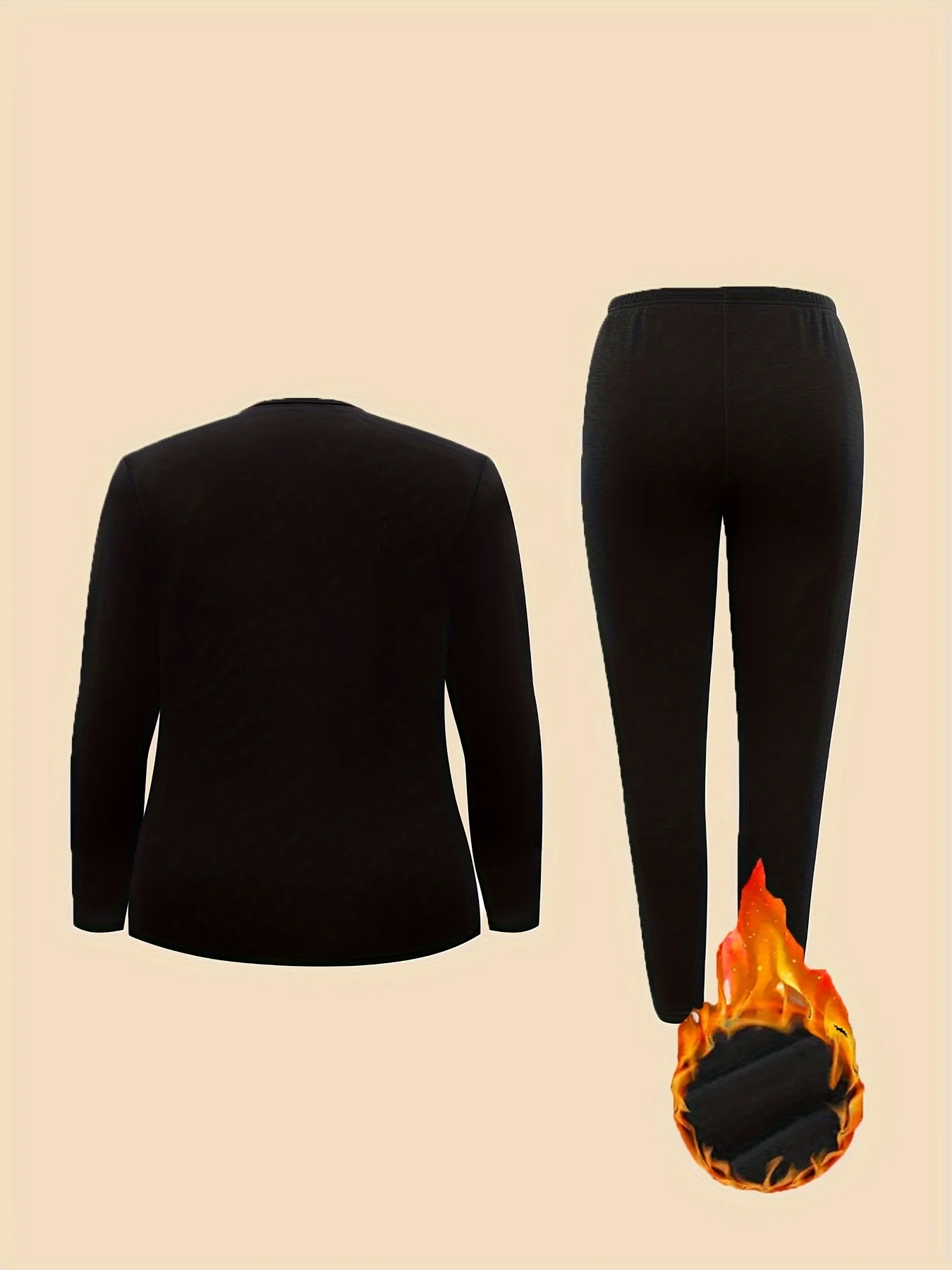 Plus Size Simple Thermal Underwear Set, Women's Plus Thickened Fleece Lined Warm Base Layer Shirt & Pants Underwear 2 Piece Set - Deanwangkt