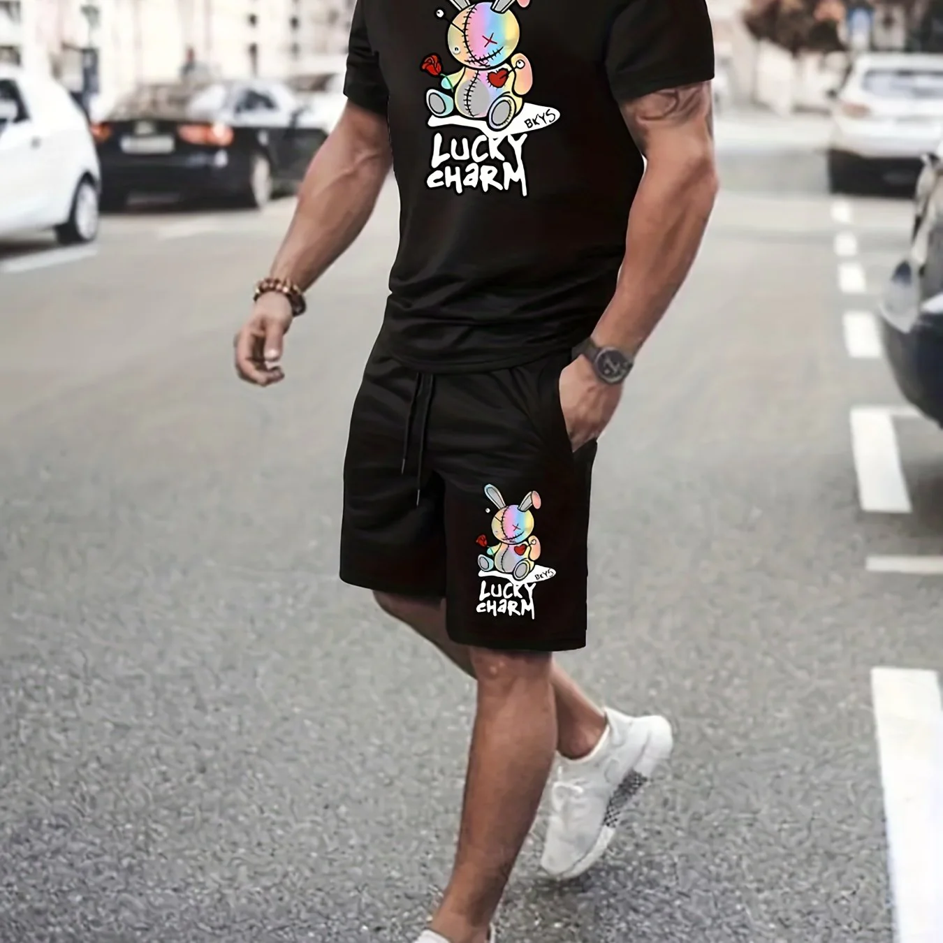 2pcs Mens LUCKY CHARM Loungewear Set - Fashion Bunny Doll Print T-Shirt & Drawstring Shorts with Pockets - Comfortable Casual Pajama Outfit for All-Day Wear - Deanwangkt