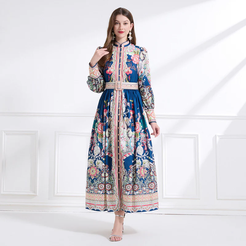 New Popular trade women's clothing  court style stand-up collar retro printed lantern sleeve ruffle edge long dress - Deanwangkt