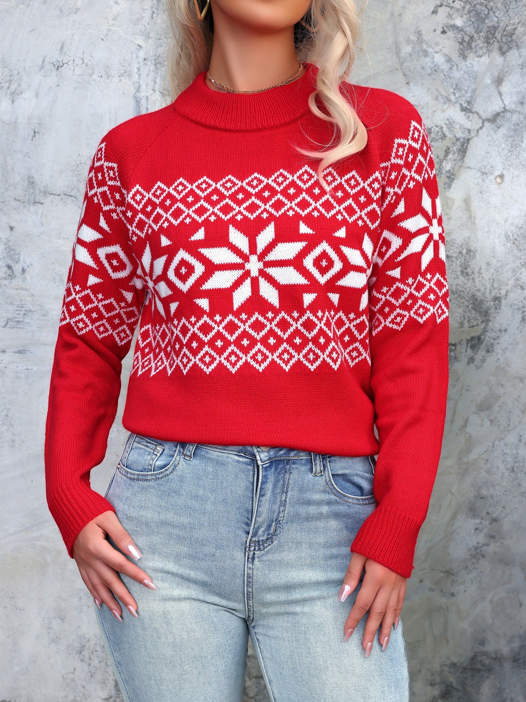 Elegant Geometric Pattern Crew Neck Sweater - Soft, Stretchy, Long Sleeve Knit Top with Raglan Design for Fall and Winter - Perfect for Christmas Parties and Casual Occasions - Deanwangkt