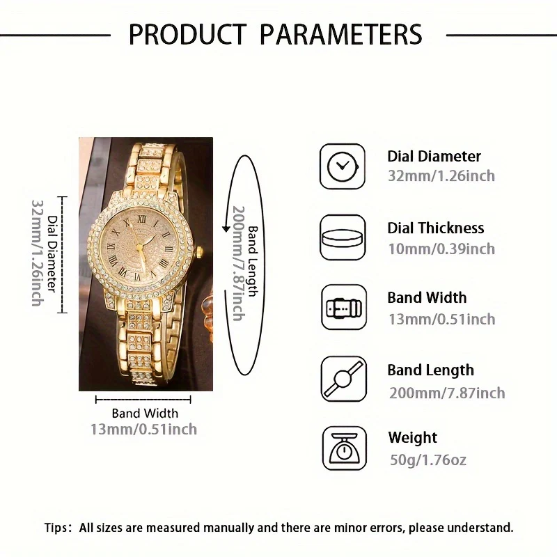 7pcs/set Women's Watch Luxury Rhinestone Quartz Watch Hiphop Fashion Analog Wrist Watch & Jewelry Set, Gift For Mom Her - Deanwangkt