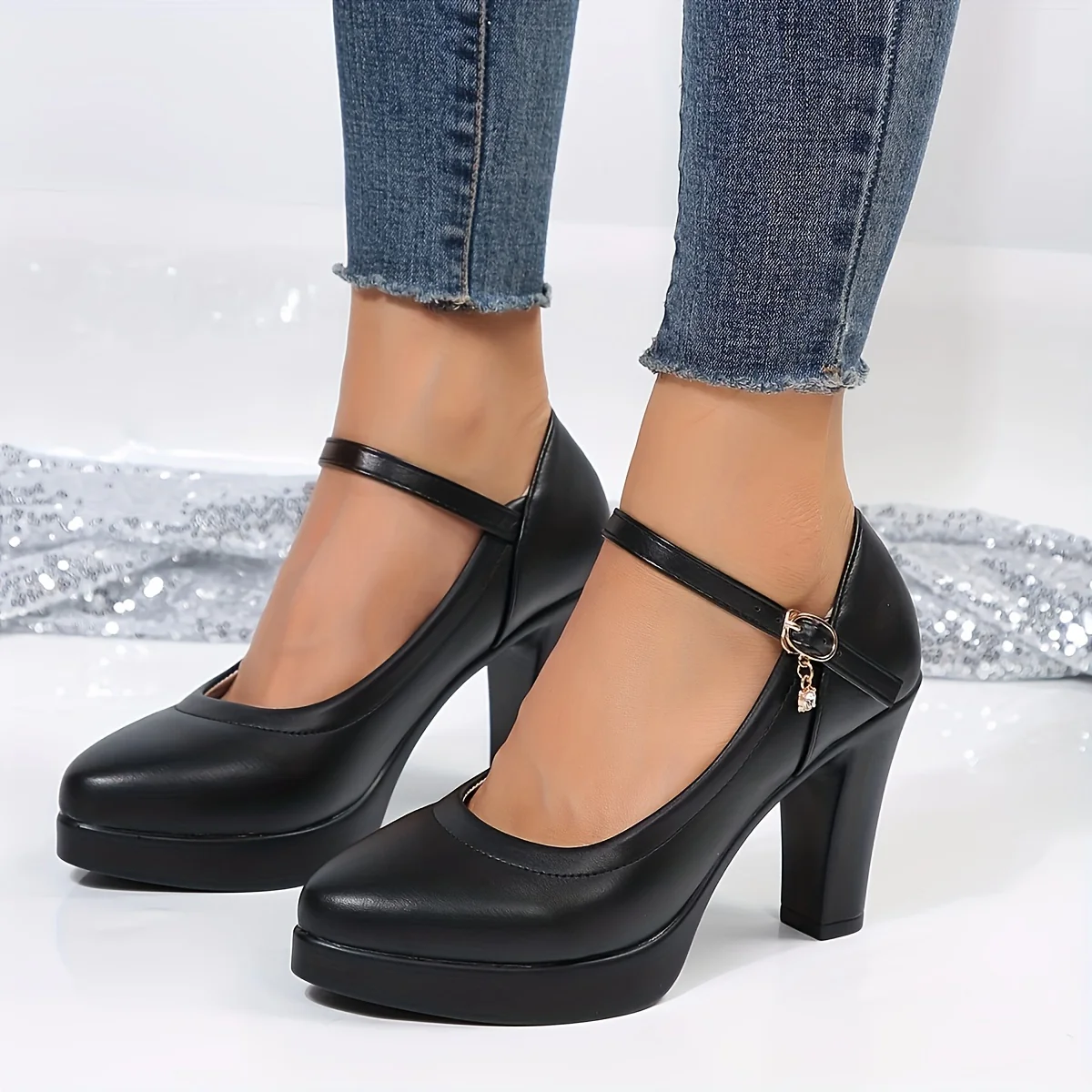 deanwangkt  Women's Solid Color Elegant Pumps, Ankle Strap Shallow Mouth Platform Office Shoes, Point Toe Chunky Heels For Working - Deanwangkt