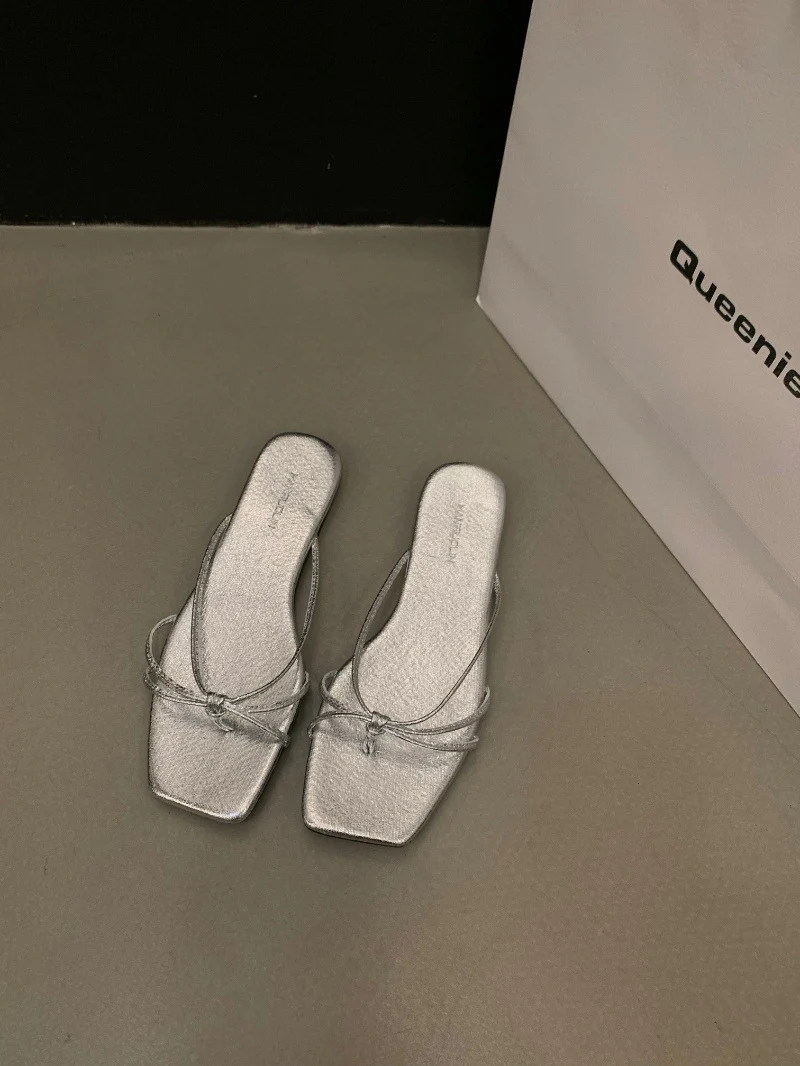 DEANWANGKT  Style Flat Bottom Flip-Flops Flip-Flops Fairy Shoes Outerwear  New Summer Beach Sandals Silver Sandals - Deanwangkt