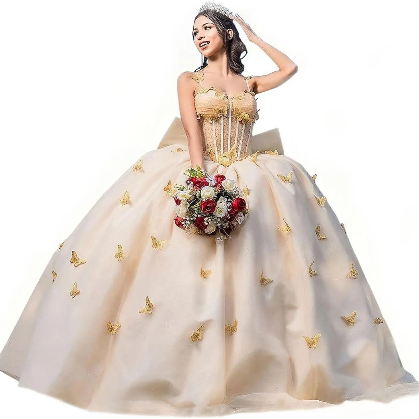 2025new evening dress one-word shoulder tube top adult dress princess dress three-dimensional butterfly dress - Deanwangkt