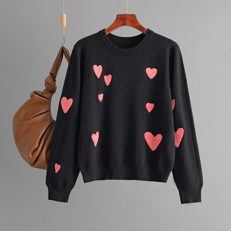 DEANWANGKT New autumn and winter new love flocking embroidery crew neck long sleeve knitted sweater pullover bottoming shirt top women - Deanwangkt