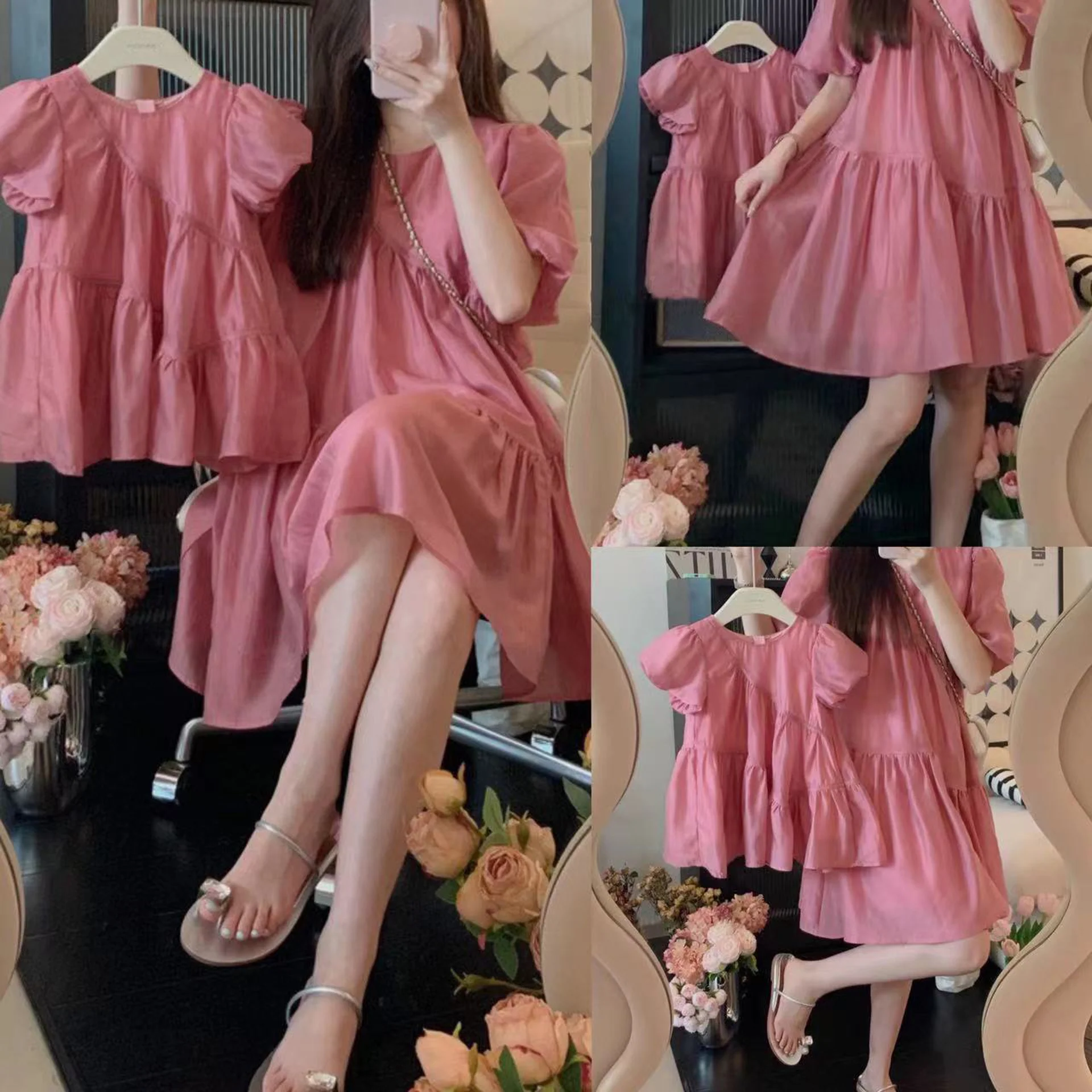 South Korea Children's Summer Clothing Parent-Child Dress Sanya Holiday Big Swing Princess Dress Girl Mother-Daughter Matching Outfit Puff Sleeve Dress Fashion - Deanwangkt