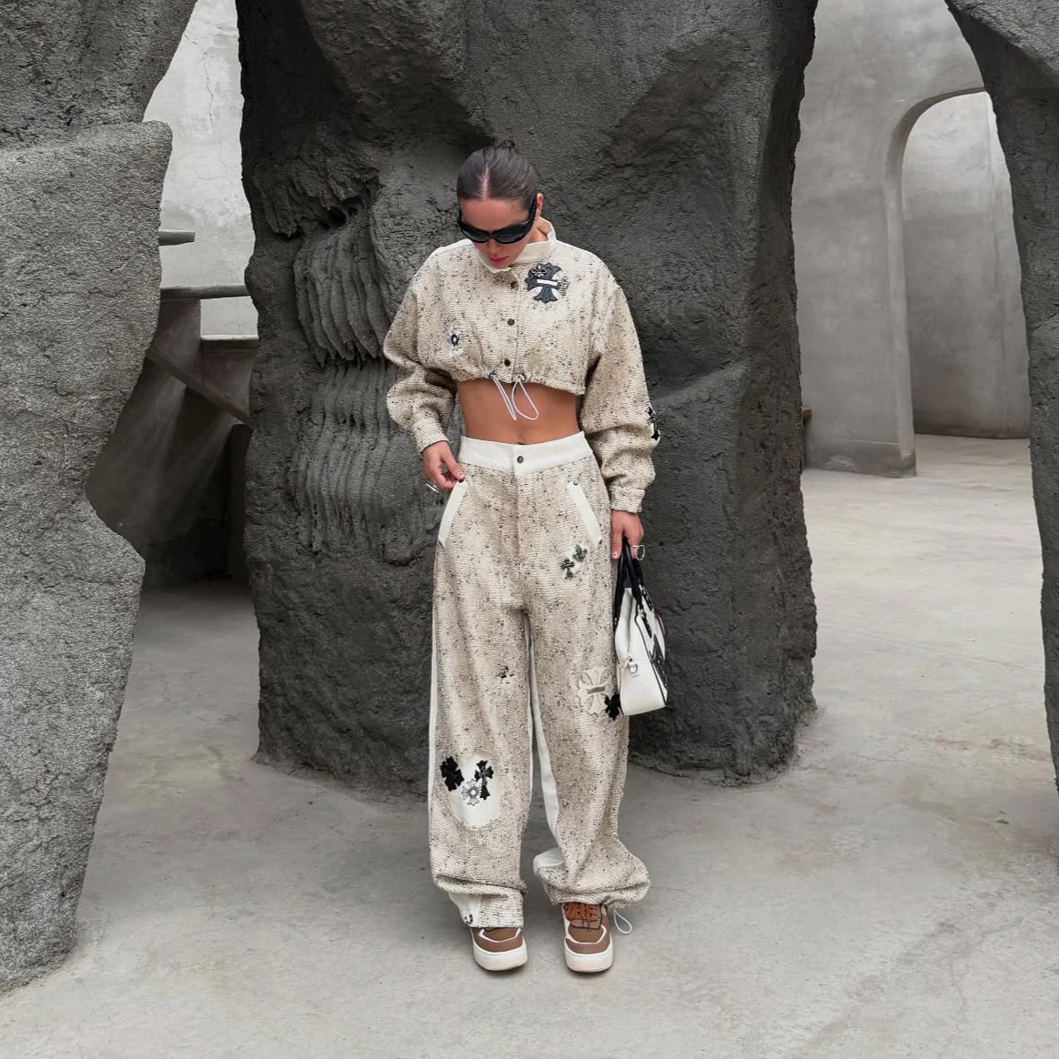 n design linen sweatpants set lace turtleneck drawstring open button long sleeve jacket loose straight trousers - Deanwangkt