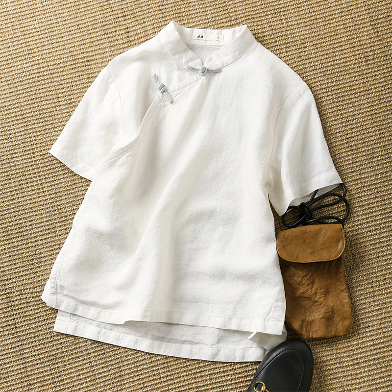 Chinese style improved short-sleeved cheongsam top women's  summer retro stand-up collar disc buckle contrasting color niche design sense - Deanwangkt