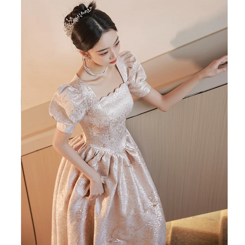 2025 Evening dress female champagne color 2025 new high-end sense light luxury niche banquet temperament adult ceremony graduation hosting skirt - Deanwangkt