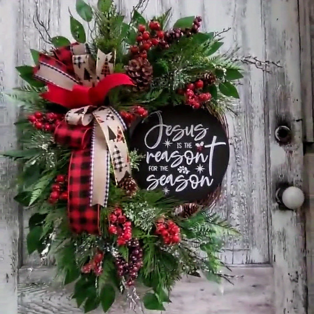 17.71in Round Wood Merry Christmas Sign with Bow for Front Door Decorations, Green, Hanging Ornament, Farmhouse Outdoor Wall Home Decor - Deanwangkt