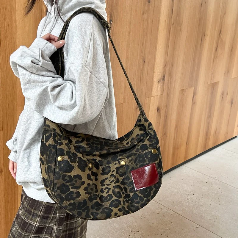 DEANWANGKT 2025 popular autumn new women's leopard print polka dot canvas bag ins shoulder messenger bag large capacity casual dumpling bag - Deanwangkt